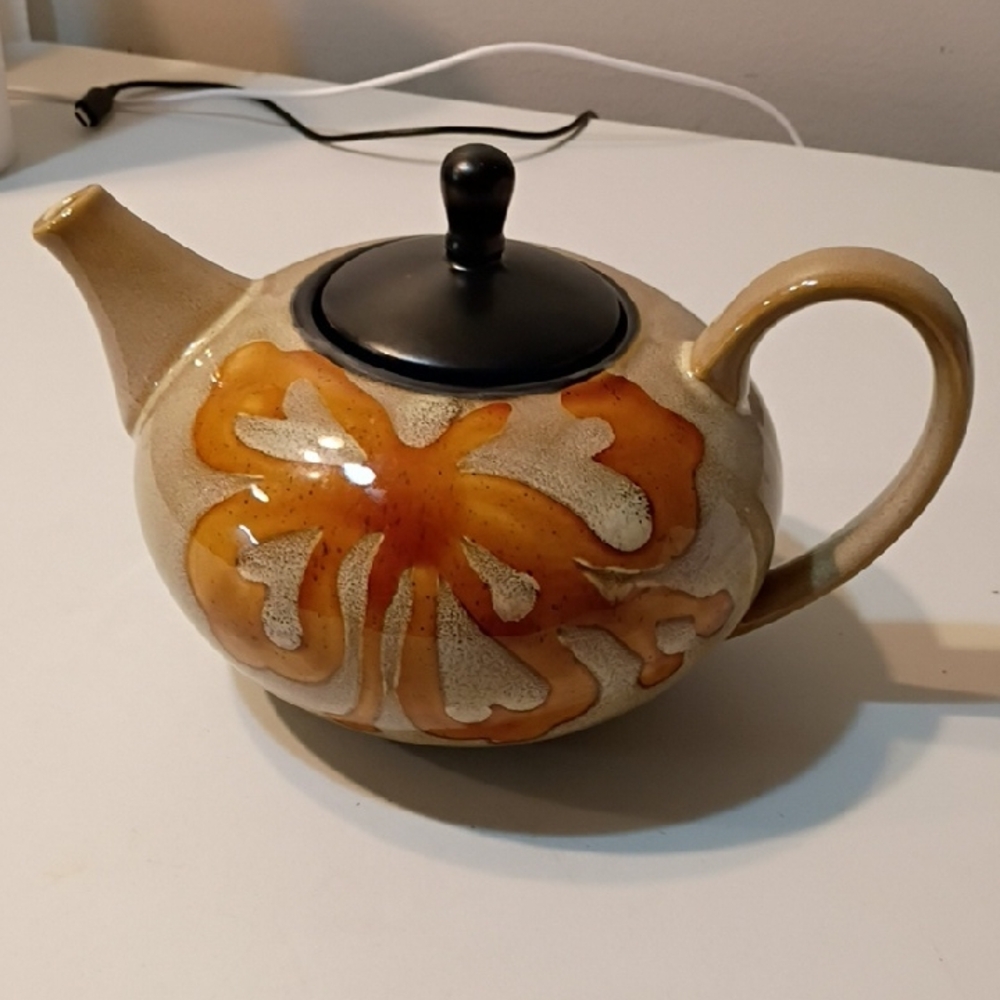Pier 1 Ceramic Teapot with Orange and Black Design